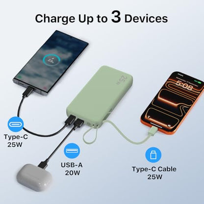 NOBIS Portable Charger 10000mAh 25W Power Bank with Built-in Cable - color: Green
