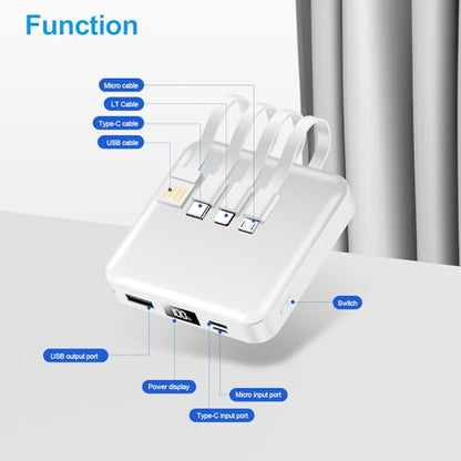 ummz Mini Portable Charger with Built-in 4 Cables，12000mAh Small Power Bank - color: white