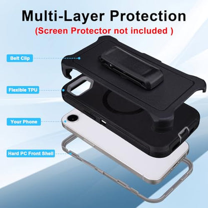 Defender for iPhone 16e Case with Belt Clip and Kickstand, Black Grey 6.1" | Compatible with MagSafe, Heavy Duty Drop Protection, Rugged Shockproof Protective Case for iPhone 16e with Kickstand - color: Black+Grey