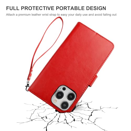 Bocasal Detachable Wallet Case Card Holder for iPhone 15 Pro Max Red | RFID Blocking Kickstand Card Slots Holder PU Leather Magnetic Shockproof Wrist Strap Removable Flip Protective Cover 6.7 inch - color: Red