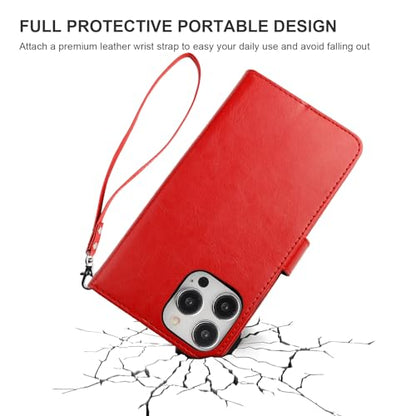 Bocasal Detachable Wallet Case Card Holder for iPhone 15 Pro Max Red | RFID Blocking Kickstand Card Slots Holder PU Leather Magnetic Shockproof Wrist Strap Removable Flip Protective Cover 6.7 inch - color: Red
