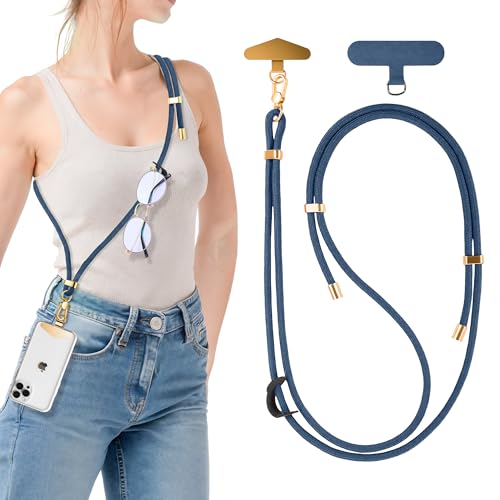 BestStone Crossbody Phone Lanyard Strap with 2 Tether Tabs (Nylon Pad + Metal Plate), Adjustable Cell Phone Lanyard - color: Navy Blue