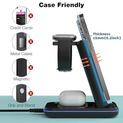 Wireless Charger for iPhone, Foldable 3 in 1 Fast Charging Station/Stand/Multi Charger for iPhone15 14 13 12 11/Xs/XR/X/8, Travel Pad for Apple Watch S8/Ultra/7/6/5/4/3/2/SE, Airpods 2/3/Pro/Pro 2
