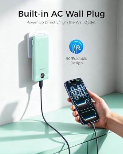 VEGER Portable Charger for iPhone, Power Bank Built in Cables and Wall Plug - color: Green