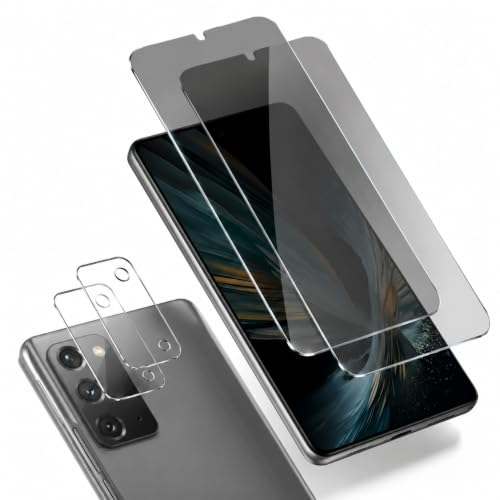 2 Pack Privacy Screen Protector for Samsung Galaxy Note 20 with 2 Pack Camera Lens Protector, Tempered Glass Fingerprint Unlock Compatible, 180 Degree Anti Spy Anti Glare Full Coverage Shield