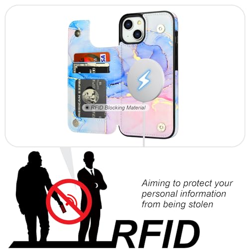 HAOPINSH for iPhone 14 Case Wallet Compatible with MagSafe Wireless Charging, Pink Blue Marble Pattern Back Flip Folio RFID Blocking Leather Kickstand Card Slots Case Double Magnetic Clasp Cover 6.1" - color: Pink Blue Marble MagSafe