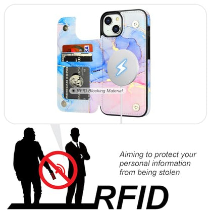 HAOPINSH for iPhone 14 Case Wallet Compatible with MagSafe Wireless Charging, Pink Blue Marble Pattern Back Flip Folio RFID Blocking Leather Kickstand Card Slots Case Double Magnetic Clasp Cover 6.1" - color: Pink Blue Marble MagSafe