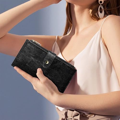 Travelambo RFID Wallet Women Large Size Bifold Multi Card Wallet Case with Zipper Pocke Credit Card Holder for Women - color: Black Wax Leather