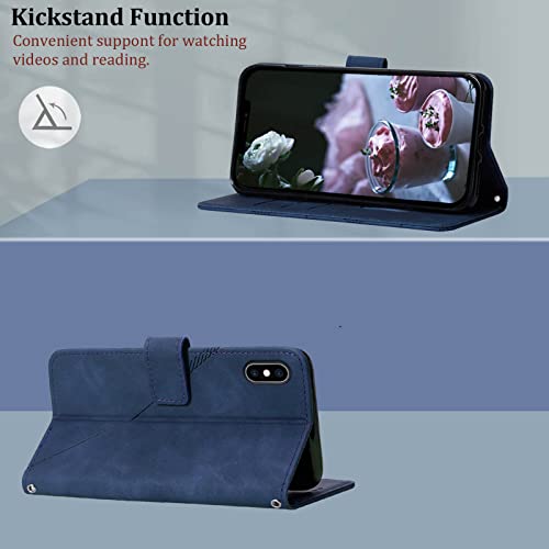 for iPhone X/Xs Flip Wallet Case with Card Slots, Blue | PU Leather, TPU Interior, 3 Card Slots, Cash Pocket, Magnetic Clasp, Detachable Wrist Strap, Stand, Precise Cutouts - color: Blue