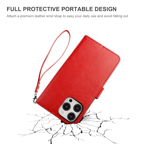 Bocasal Detachable Wallet Case Card Holder for iPhone 15 Pro, Red | RFID Blocking Kickstand Card Slots Holder PU Leather Magnetic Shockproof Wrist Strap Removable Flip Protective Cover 6.1 inch - color: Red