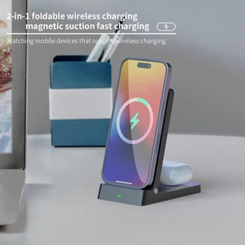 2 in 1 Dual Coil Magnetic Wireless Charger Stand Foldable Desktop Fast Charging Station for iPhone 17 16 15 14 13 12 for Airpods (White)