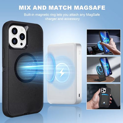 Magnetic for iPhone 13 Pro Max Case with Belt Clip Holster Kickstand, Black | Heavy Duty Military Grade Drop Protection Case for iPhone 13 Pro Max, 6.7", with 360°Rotating Kickstand - color: Black