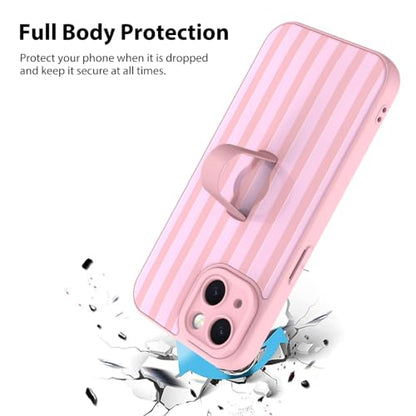 KANGHAR Compatible with iPhone 15 Case Stripes Pattern -Pink | Silicone Cute, Wristband Kickstand Camera Protection Soft Slim Cover for Girls Women - color: Pink-Stripes, size: iPhone 15