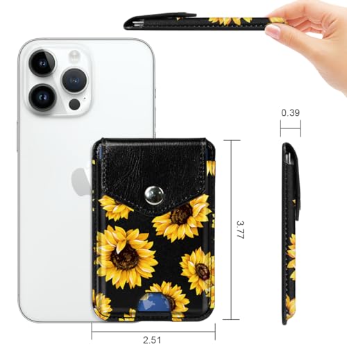 Self Adhesive Card Holders for Back of Phone, Cute Premium Leather RFID Phone Wallet Pockets with Snap, Slim Card Holders Sleeve for Phone Case, Sunflower - color: Sunflower