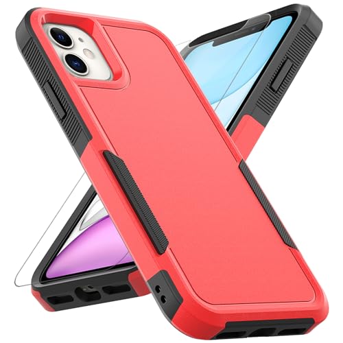 for iPhone 11 Case: Dual Layer Protective Heavy Duty Cell Phone Case Shockproof Rugged Bumper Tough with Screen Protector - 16ft Military Grade Drop Tested for Appple iPhone 11 (6.1 inch), Red - color: Red (PC) + Black (TPU)