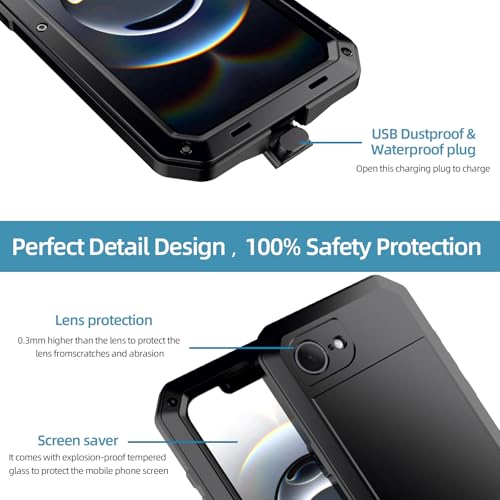 for iPhone 16E Metal Case,Heavy Duty Shockproof Aluminum Alloy Tough Armour Military Grade Phone Case for iPhone 17E,Full Body Protective Cover with Silicone Built-in Screen Protector-Black - color: Black