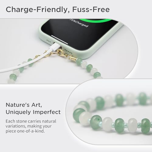 POSADINA Natural Stone Phone Charm, Beaded Healing Phone Wrist Strap, Handmade Cellphone Chain Lanyard with Tether Tab - color: Green Moon