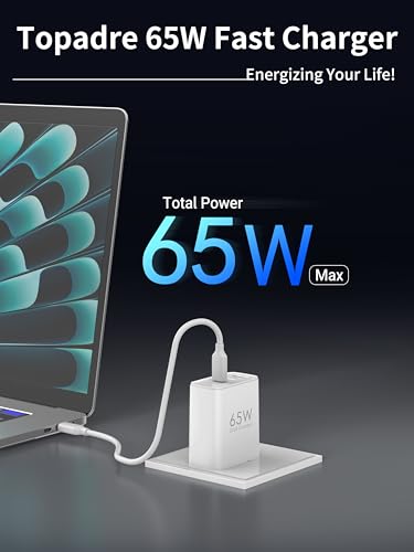 TOPADRE 65W USB C Charger Block,PD PPS 3 Ports GaN Charger Foldable Compact - color: White, size: 65W, style: 1-pack