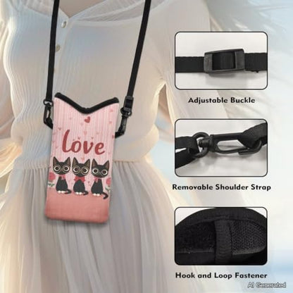 Small Phone Bag Water-Resistant Crossbody Pouch with Adjustable Strap Cellphone Case Mini Satchel Fits Most Phones for Valentine's Day, Black Cat Rose Heart-Shaped Love Print Pink - color: Black Cat Rose Heart-shaped Pink