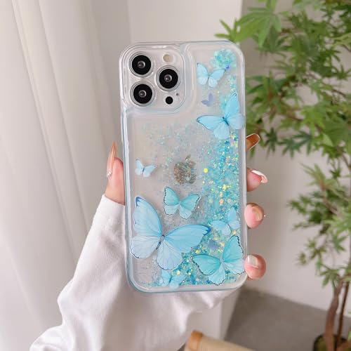Compatible with iPhone 16 Pro Max Glitter Butterfly Case Glow in The Dark Women Girls Girly Bling Sparkle Flowing Quicksand Light up Case Soft TPU Bumper Luminous Clear Phone Cover, Blue - color: Blue, size: iPhone 16 Pro Max