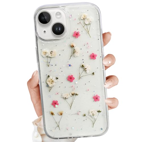 YUCHii for iPhone 14 Clear Case,Aesthetic Floral Phone Case with Pressed Real Flowers Design,Glitter Cute Floral Pattern Women's Phone Case Slim Soft TPU Protective Girl's Phone Cover for iPhone 14 - color: White Pink 2, size: iPhone 14