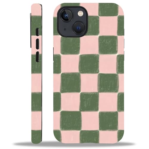 ZHEGAILIAN Case Compatible with iPhone 13/14,Pink and Green Checkered Design Phone Case, Matte Mixed Double-Layer Hard Shell+Soft Silicone TPU Shock Protective - color: Pink and green checkered, size: iPhone 13/14