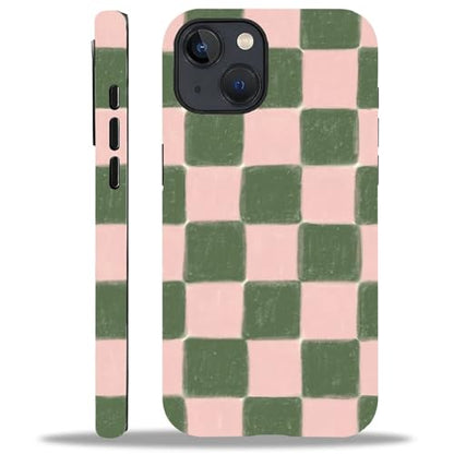 ZHEGAILIAN Case Compatible with iPhone 15,Pink and Green Checkered Design Phone Case, Matte Mixed Double-Layer Hard Shell+Soft Silicone TPU Shock Protective - color: Pink and green checkered, size: iPhone 15