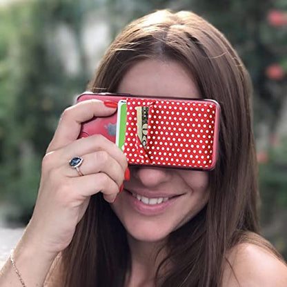 RFID Blocking Phone Card Wallet Stretchy Lycra Wallet Pocket Credit Card ID Case Pouch Sleeve Adhesive Sticker Compatible with iPhone Samsung Galaxy Android Smartphones (Polka Dot Red)-2PC - color: Dot Red