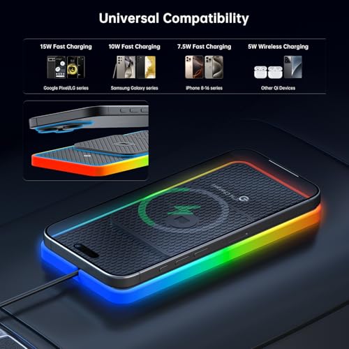 Wireless Car Charger Pad, REESTECQI 15W RGB Wireless Charger for Car Type C Non Slip Charging Pad for Car Compatible with Airpods iPhone16/15/14/13/12, Samsung Google (30CM+ 70CM Extension)