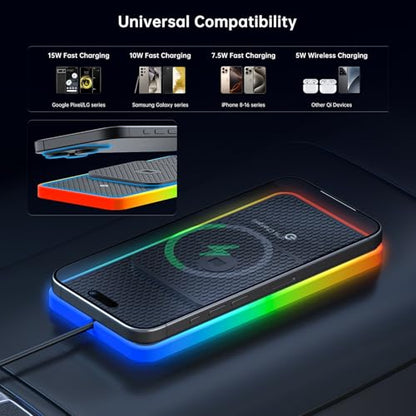 Wireless Car Charger Pad, REESTECQI 15W RGB Wireless Charger for Car Type C Non Slip Charging Pad for Car Compatible with Airpods iPhone16/15/14/13/12, Samsung Google (30CM+ 70CM Extension)