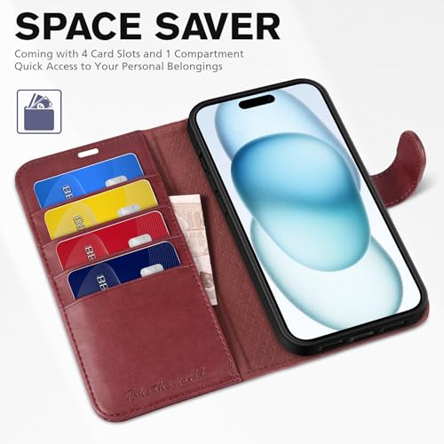 TUCCH Case Wallet for iPhone 15 (6.1") 2023, RFID Blocking Folio, Dark Red | 4 Card Holders, Kickstand, PU Leather, Magnetic Closure, Shockproof TPU Shell, Protective Flip Cover - color: Dark Red