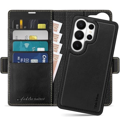 SHIELDON Detachable Wallet Case for Galaxy S26 Ultra 6.9" 2026, Retro Black | Genuine Leather, Kickstand, Magnetic Closure, RFID Blocking, Credit Card Slot, Removable, Folio Shockproof Cover - color: Retro Black
