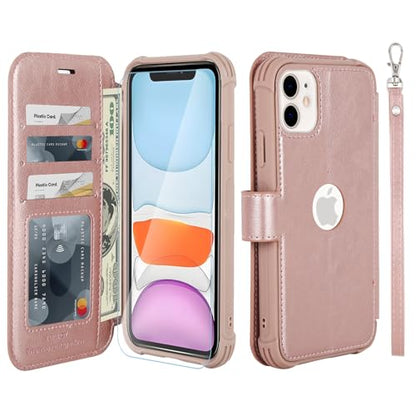VANAVAGY Wallet Case for iPhone 11 6.1 inch, Rose Gold | 12ft Drop-proof Cover for Women Men, Silm PU Leather, RFID Blocking Card Holder, Wrist Strap, Screen Protector - color: Rose Gold