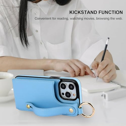 Folosu for iPhone 15 Pro Max Wallet Case with Card Holder, Hand Wrist Strap Loop Holder Kickstand, RFID Blocking Finger Grip Ring PU Leather Double Buttons Shockproof Cover 6.7" Blue - color: Blue
