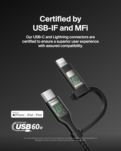 Belkin 2 in 1 USB C to USB C & Lightning Braided Cable 5ft Charger Cord - color: Black