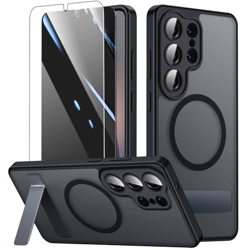 Magnetic for Samsung Galaxy S25 Ultra Case with Stand and Screen Protector & Camera Protector,Galaxy S 25 Ultra Case Compatible with MagSafe,Matte Translucent Shockproof Slimi Phone Case-Black - color: Black, size: Samsung Galaxy S25 Ultra