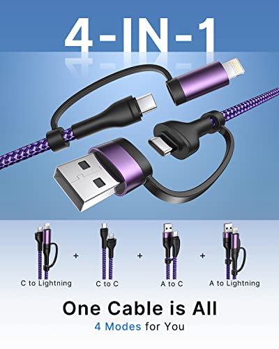 4-in-1 USB C Cable, USBC Lightning Cable USB C to C Charging Cable 60W PD [Fast & Data Sync] 4 in 1 Multi Charger for iPhone 16 15 14 13 12,MacBook Pro 2024 iPad mini 6/Pro,Samsung Galaxy - color: Purple, size: 3FT