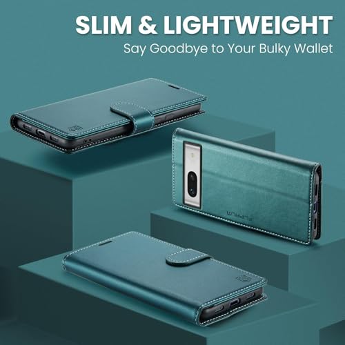 FLIPALM Wallet Case for Google Pixel 8a, Blue-Green | Card Holder, RFID Blocking, PU Leather Folio Flip, Kickstand, Protective Shockproof Cover - color: Blue-Green
