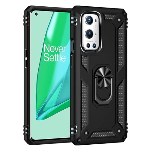 Case for Oneplus 9 Pro Military Grade Shockproof Cell Phone Cover with Kickstand and 360° Rotating Ring, Magnetic Car Mount Compatible, Hard Heavy Duty Armor Protective Shell (Black)