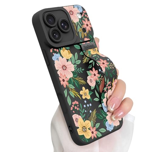Cute Floral Flower Case for iPhone 17 Pro with Finger Hand Strap | Pattern Design Phone Case with Adjustable Wristband Kickstand, Soft Slim TPU Protective Cover for Women Girls, Black - color: Black Blossom, size: Designed for iPhone 17 Pro