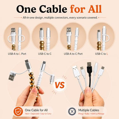 IIIZ 4-in-1 Beaded Charger 65W USB C Carplay Cable for iPhone/iPad/Galaxy - color: Gold-Plated