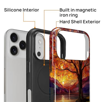 Magnetic Phone Case for iPhone 17 Pro,Compatible with MagSafe,Durable 2 Layers Full Covered Shockproof Protective Cover-Stained Glass Sunrise Fall Leaves - color: Stained Glass Sunrise Fall Leaves, size: iPhone 17 Pro