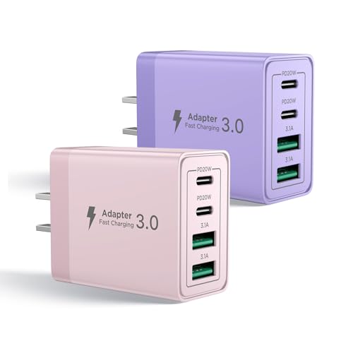 [2-Pack] USB C Charger Block, 4 in 1 USB C Wall Charger PD 3.0 40W Charging Blocks, QC 2A USB Wall Charger for iPhone 17 16 15 14 13 12 Pro Max, iPad, iPod - color: Purple + Pink