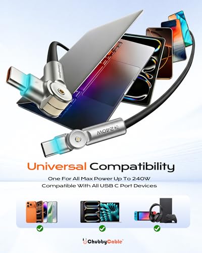 chubbycable RotateX 240W 180° Rotating USB C to USB C Cable, Black, 6.6ft - color: Black, size: 6.6ft (2m)