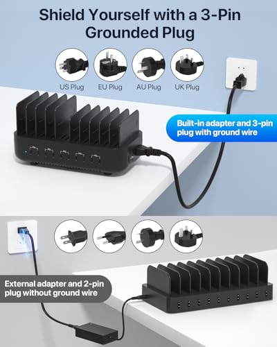 SooPii 100W USB-C Charging Station,10-Port PD Fast Charger,3-Pin Grounded Safety,10pcs Mixed Short Cables Included,Charging Organizer for Phones,Tablets and Other Electronics(Black)