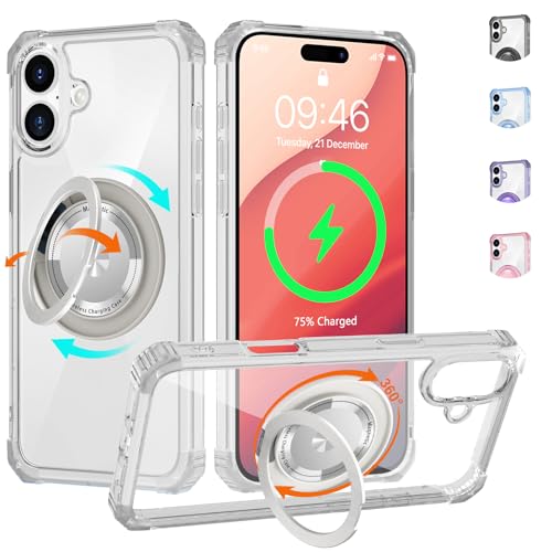 Clear Case for iPhone 16 with Magnetic 360 Rotatable Ring Stand | Military Grade Heavy Duty Cover with 360 Rotatable Ring Kickstand -260417 - color: Clear, size: iPhone 16