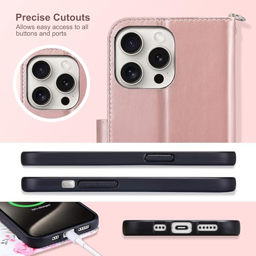 ULAK Compatible with iPhone 15 Pro Wallet Case with Card Holder, Rose Gold | [RFID Blocking] Flower Flip Case Wallet for Women Girls PU Leather Kickstand Wrist Strap Shockproof Cover 6.1 inch - color: Rose Gold, size: iPhone 15 Pro - 6.1 inch