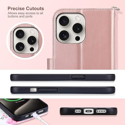 ULAK Compatible with iPhone 15 Pro Wallet Case with Card Holder, Rose Gold | [RFID Blocking] Flower Flip Case Wallet for Women Girls PU Leather Kickstand Wrist Strap Shockproof Cover 6.1 inch - color: Rose Gold, size: iPhone 15 Pro - 6.1 inch