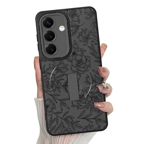 MZELQ for Samsung Galaxy S26 Case Rose Floral Flower Pattern -Black | Silicone Cute Support for MagSafe, Kickstand Wristband Camera Protection Soft Slim Phone Case for Girls Women - color: Black-Rose, size: Samsung Galaxy S26