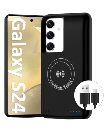 Battery Case for Samsung Galaxy S24, 10000mAh Magnetic Rechargeable Extended Charge QI Wireless Charging Case, Portable Protective Power Bank for Galaxy S24(6.2") - Black